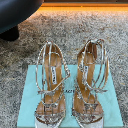 AQUAZZURA 26S BUTTERFLY SANDALS 95 MM IN SILVER CALFSKIN