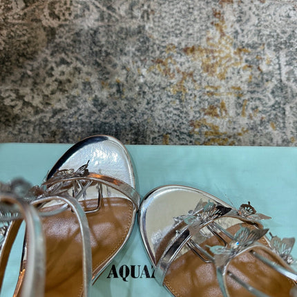AQUAZZURA 26S BUTTERFLY SANDALS 95 MM IN SILVER CALFSKIN