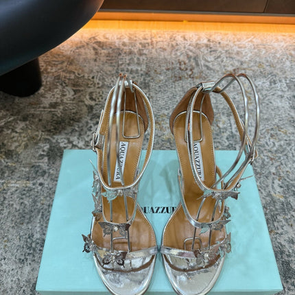 AQUAZZURA 26S BUTTERFLY SANDALS 95 MM IN SILVER CALFSKIN
