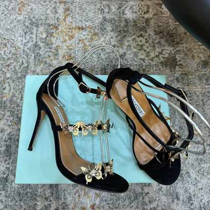 AQUAZZURA 26S BUTTERFLY SANDALS 95 MM IN BLACK SUEDE 