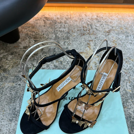 AQUAZZURA 26S BUTTERFLY SANDALS 95 MM IN BLACK SUEDE 