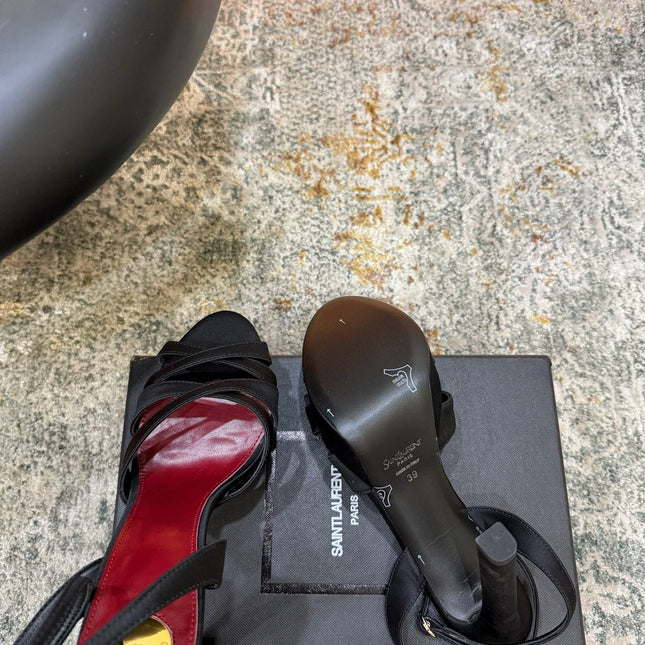 YSL 26S WOVEN-STRAP HIGH-HEEL SANDALS 130 MM IN BLACK SATIN