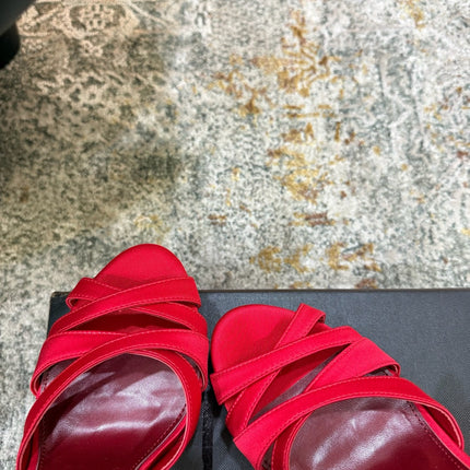 YSL 26S WOVEN-STRAP HIGH-HEEL SANDALS 130 MM IN RED SATIN