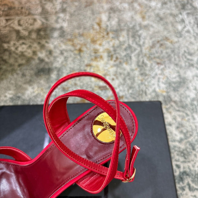 YSL 26S WOVEN-STRAP HIGH-HEEL SANDALS 130 MM IN RED SATIN