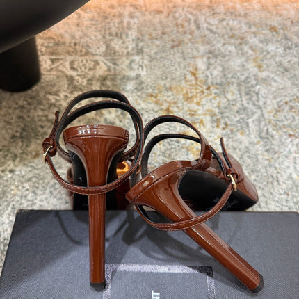 YSL 26S HIGH-HEEL SANDALS 130 MM IN CHESTNUT BROWN GLOSSY CALFSKIN