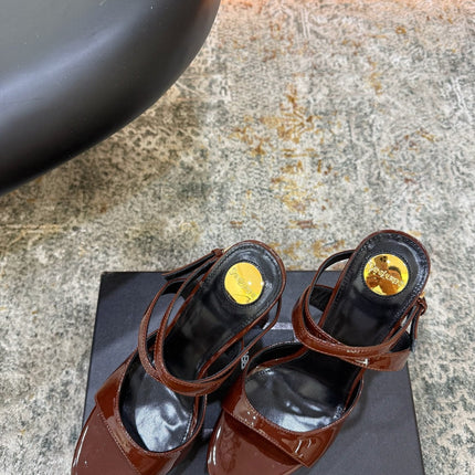 YSL 26S HIGH-HEEL SANDALS 130 MM IN CHESTNUT BROWN GLOSSY CALFSKIN