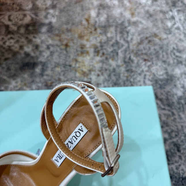 AQUAZZURA 26S PEEP-TOE SANDALS 100 MM IN WHITE MESH AND SATIN