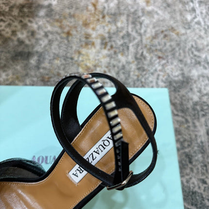 AQUAZZURA 26S PEEP-TOE SANDALS 100 MM IN BLACK MESH AND SATIN