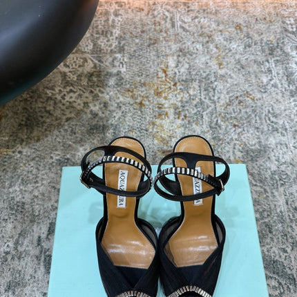 AQUAZZURA 26S PEEP-TOE SANDALS 100 MM IN BLACK MESH AND SATIN