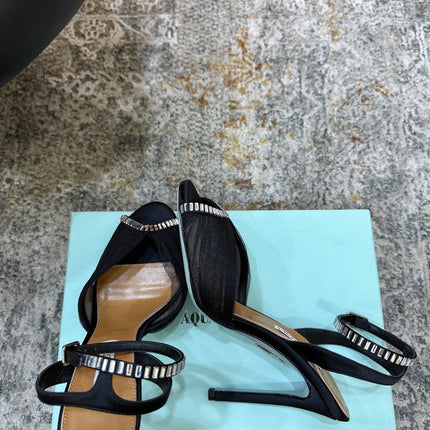 AQUAZZURA 26S PEEP-TOE SANDALS 100 MM IN BLACK MESH AND SATIN