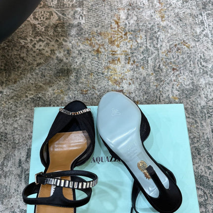 AQUAZZURA 26S PEEP-TOE SANDALS 100 MM IN BLACK MESH AND SATIN