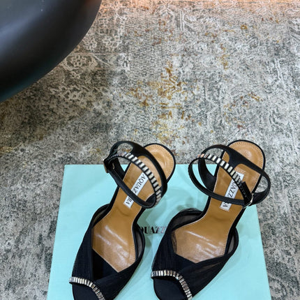 AQUAZZURA 26S PEEP-TOE SANDALS 100 MM IN BLACK MESH AND SATIN