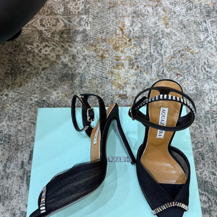 AQUAZZURA 26S PEEP-TOE SANDALS 100 MM IN BLACK MESH AND SATIN