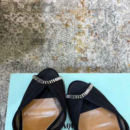 AQUAZZURA 26S PEEP-TOE SANDALS 100 MM IN BLACK MESH AND SATIN