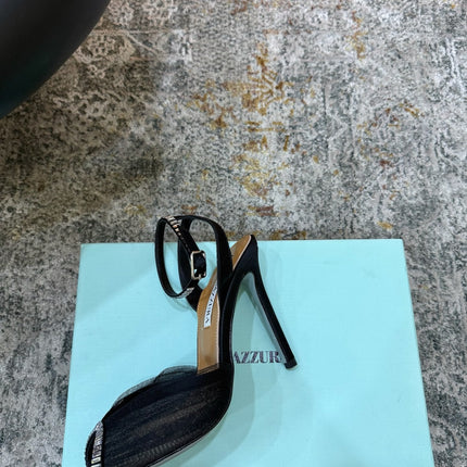 AQUAZZURA 26S PEEP-TOE SANDALS 100 MM IN BLACK MESH AND SATIN