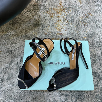AQUAZZURA 26S PEEP-TOE SANDALS 100 MM IN BLACK MESH AND SATIN