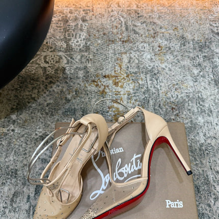 CHRISTIAN LOUBOUTIN 26S T-STRAP PUMPS 100 MM IN BEIGE MESH RHINESTONE EMBELLISHMENTS