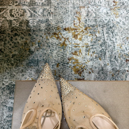CHRISTIAN LOUBOUTIN 26S T-STRAP PUMPS 100 MM IN BEIGE MESH RHINESTONE EMBELLISHMENTS