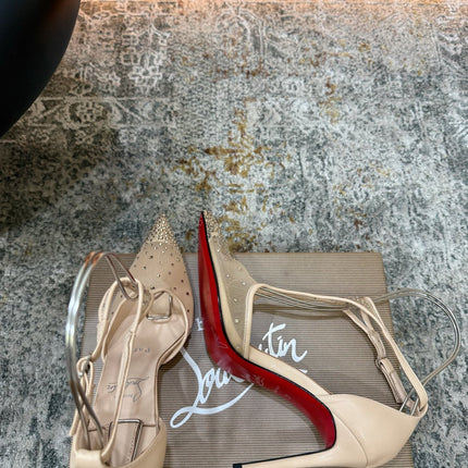 CHRISTIAN LOUBOUTIN 26S T-STRAP PUMPS 100 MM IN BEIGE MESH RHINESTONE EMBELLISHMENTS