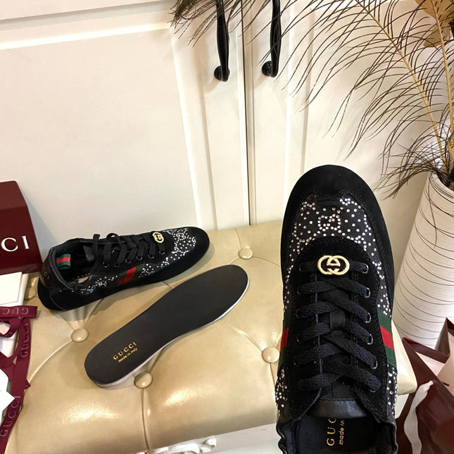 GUCCI 26S SNEAKER IN BLACK SUEDE CRYSTAL EMBELLISHED