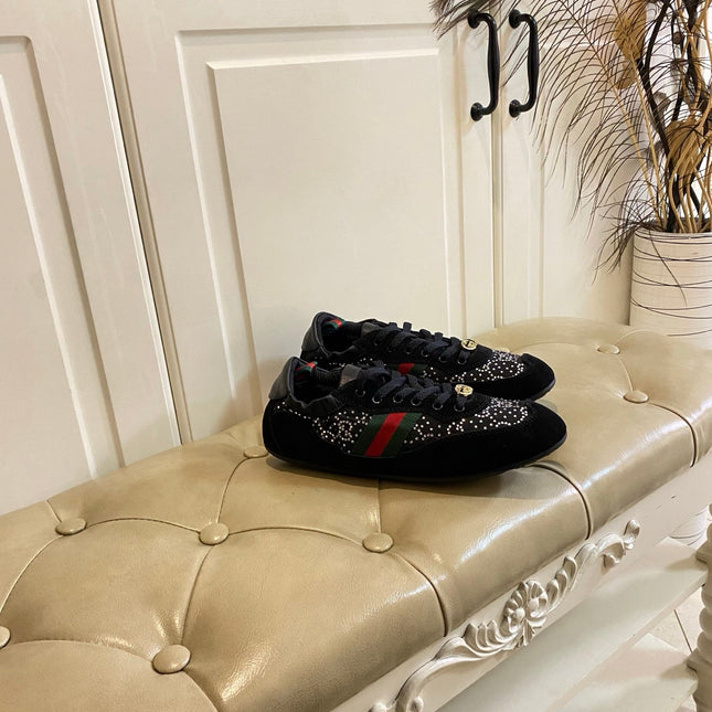 GUCCI 26S SNEAKER IN BLACK SUEDE CRYSTAL EMBELLISHED