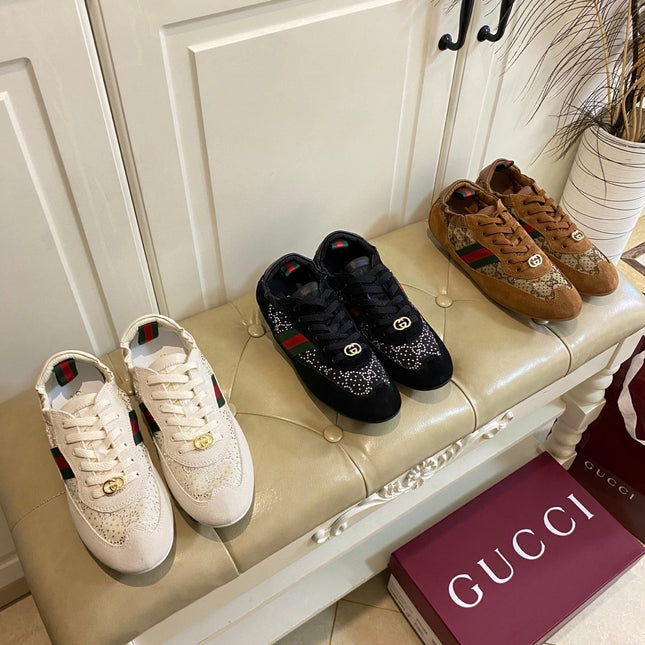 GUCCI 26S SNEAKER IN BROWN SUEDE CRYSTAL EMBELLISHED