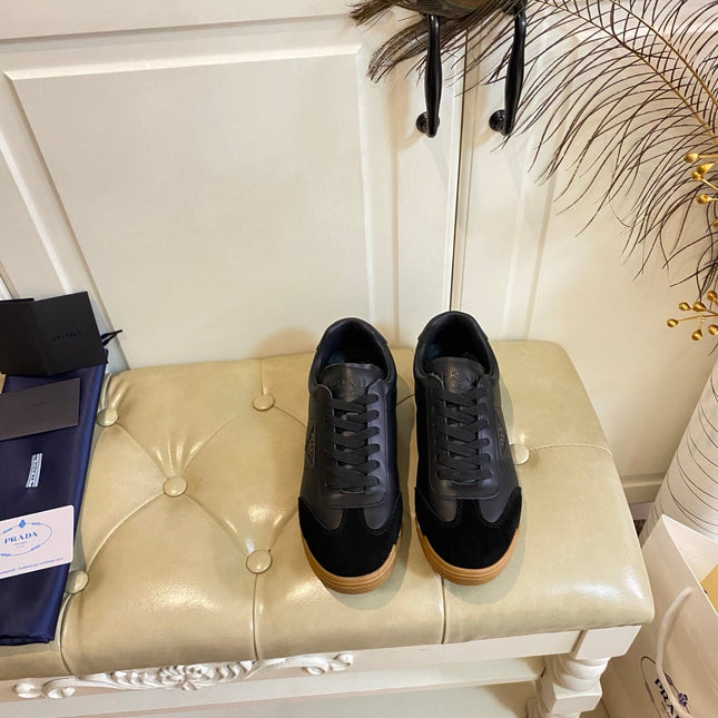 PRADA 26S LACE UP SNEAKERS IN BLACK CALFSKIN AND SUEDE