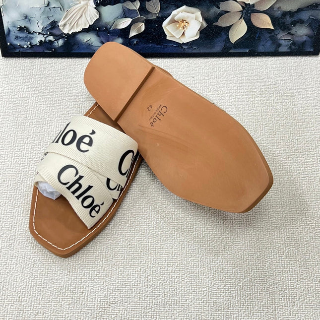 CHLOE 26S CRISSCROSS SLIDES IN BEIGE CANVAS