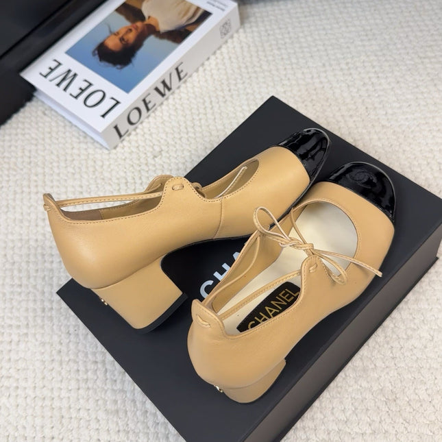 MARY JANE PUMPS 55 MM IN SAND YELLOW MIX BLACK LAMBSKIN