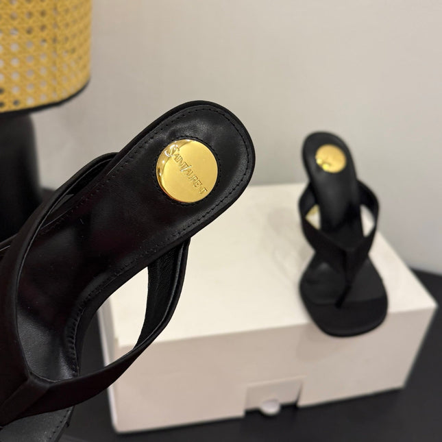 YSL 26S TOE-POST HIGH HEEL SANDALS IN BLACK SATIN