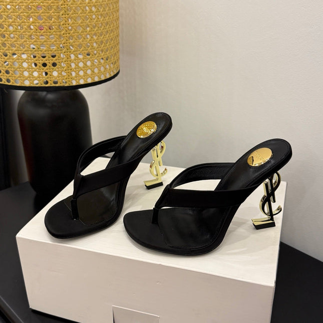 YSL 26S TOE-POST HIGH HEEL SANDALS IN BLACK SATIN
