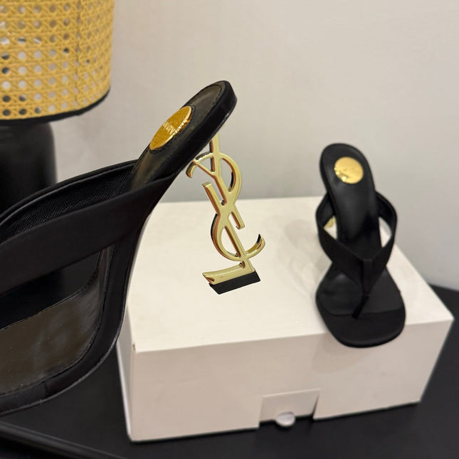 YSL 26S TOE-POST HIGH HEEL SANDALS IN BLACK SATIN
