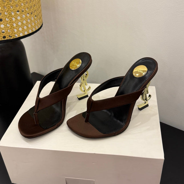 YSL 26S TOE-POST HIGH HEEL SANDALS IN DARK BROWN SATIN