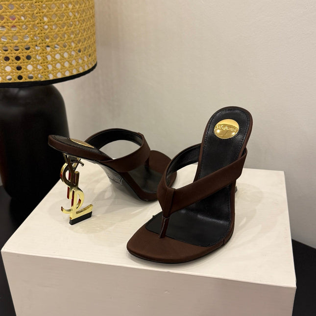 YSL 26S TOE-POST HIGH HEEL SANDALS IN DARK BROWN SATIN