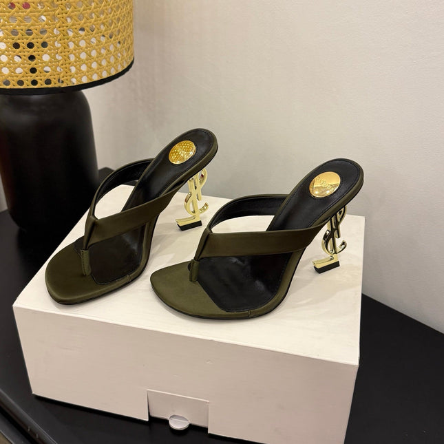 YSL 26S TOE-POST HIGH HEEL SANDALS IN MOSS GREEN SATIN