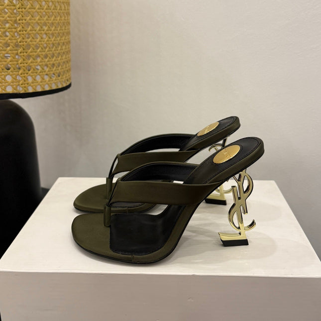 YSL 26S TOE-POST HIGH HEEL SANDALS IN MOSS GREEN SATIN
