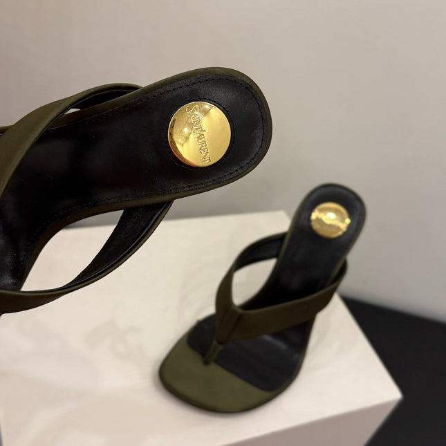 YSL 26S TOE-POST HIGH HEEL SANDALS IN MOSS GREEN SATIN