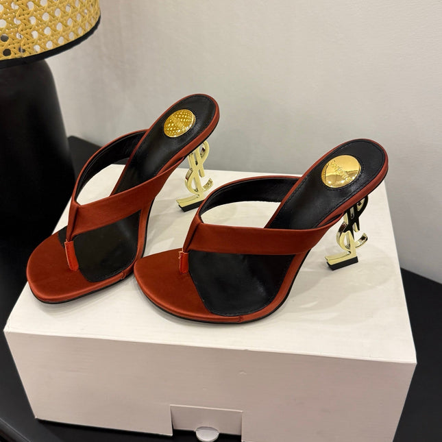 YSL 26S TOE-POST HIGH HEEL SANDALS IN ORANGE SATIN