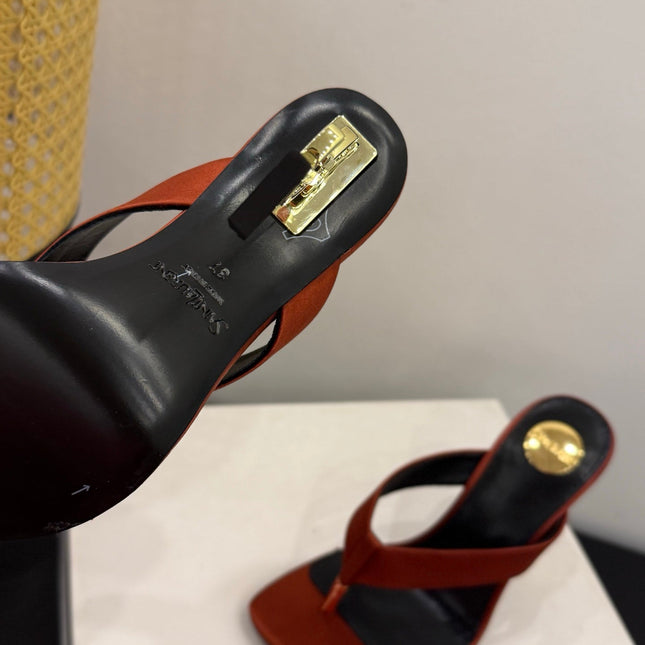 YSL 26S TOE-POST HIGH HEEL SANDALS IN ORANGE SATIN