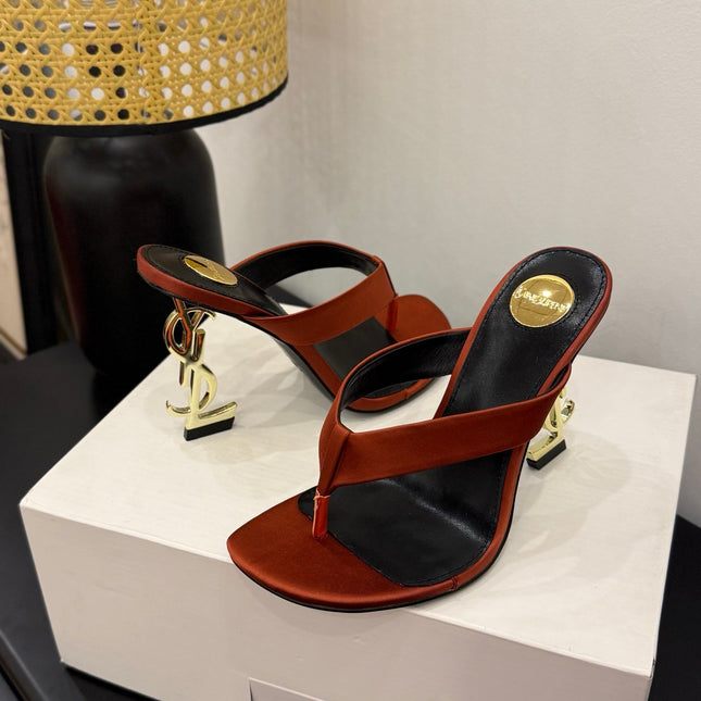 YSL 26S TOE-POST HIGH HEEL SANDALS IN ORANGE SATIN