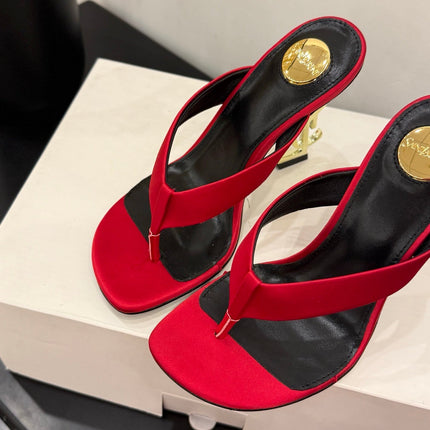 YSL 26S TOE-POST HIGH HEEL SANDALS IN RED SATIN