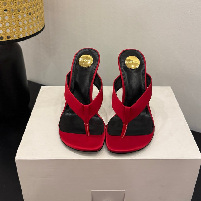 YSL 26S TOE-POST HIGH HEEL SANDALS IN RED SATIN