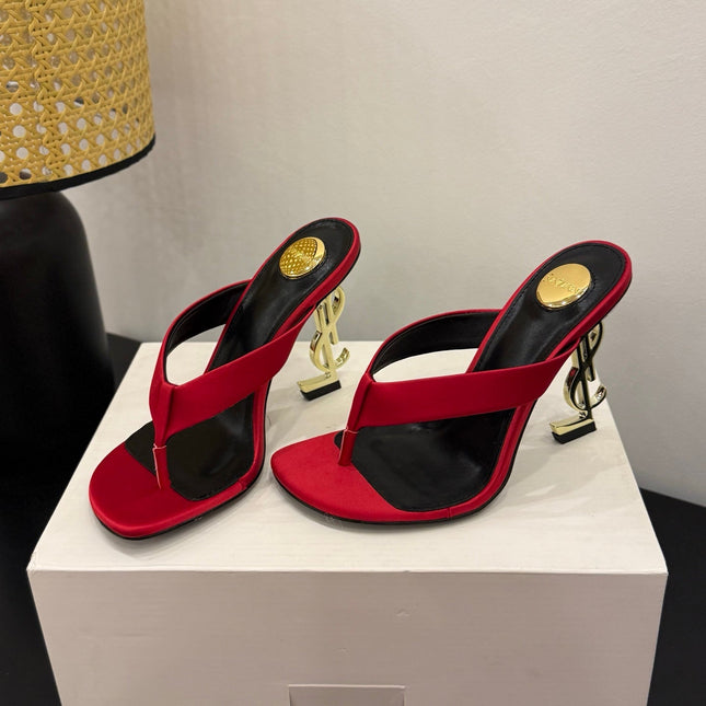 YSL 26S TOE-POST HIGH HEEL SANDALS IN RED SATIN