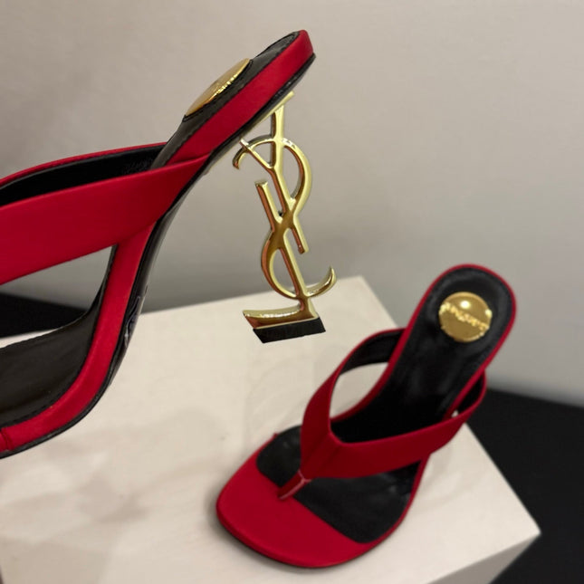 YSL 26S TOE-POST HIGH HEEL SANDALS IN RED SATIN