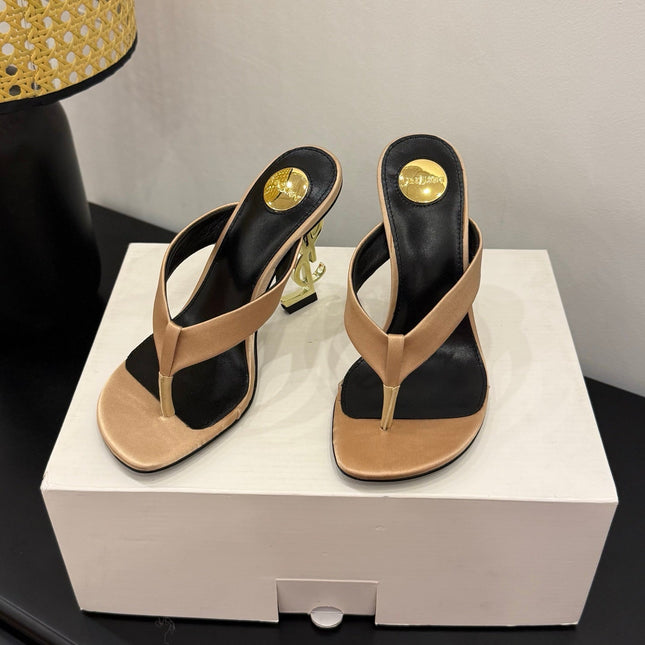 YSL 26S TOE-POST HIGH HEEL SANDALS IN SANDY BROWN SATIN