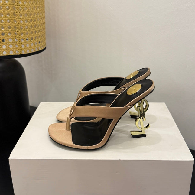 YSL 26S TOE-POST HIGH HEEL SANDALS IN SANDY BROWN SATIN