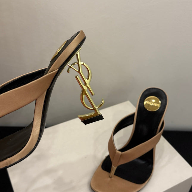 YSL 26S TOE-POST HIGH HEEL SANDALS IN SANDY BROWN SATIN