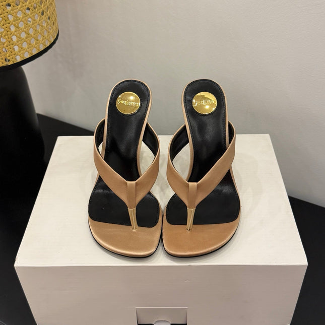 YSL 26S TOE-POST HIGH HEEL SANDALS IN SANDY BROWN SATIN