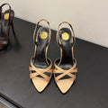 YSL 26S HIGH-HEELED SANDALS 105 MM IN SANDY BROWN SATIN