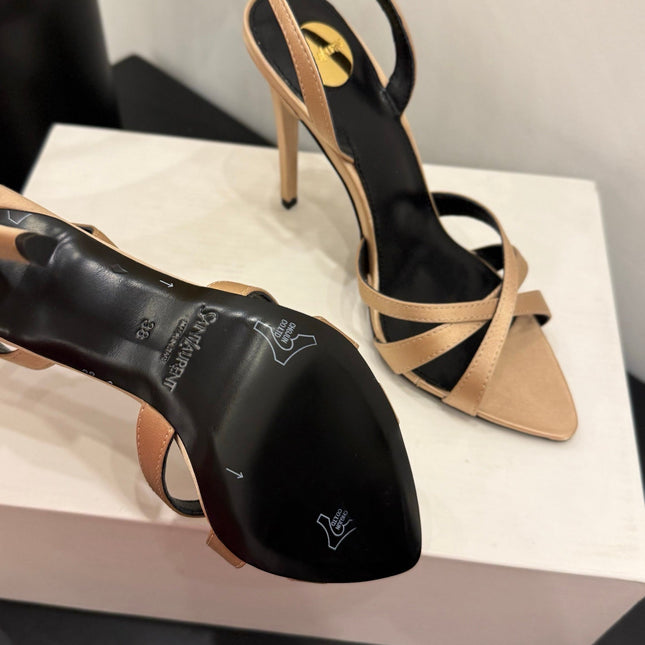 YSL 26S HIGH-HEELED SANDALS 105 MM IN SANDY BROWN SATIN